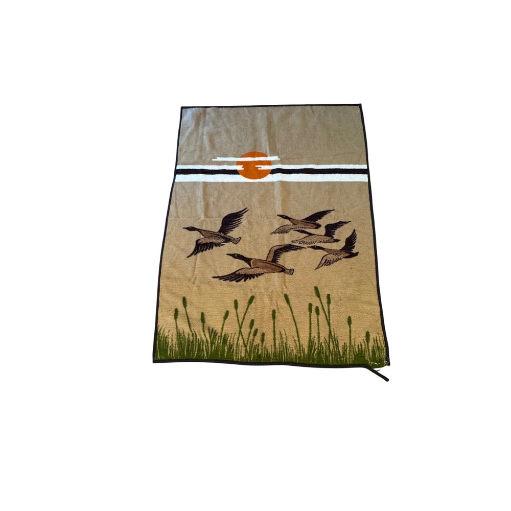 Vintage 1970s Biederlack Reversible Acrylic Blanket - Canada Geese Sunset As Is